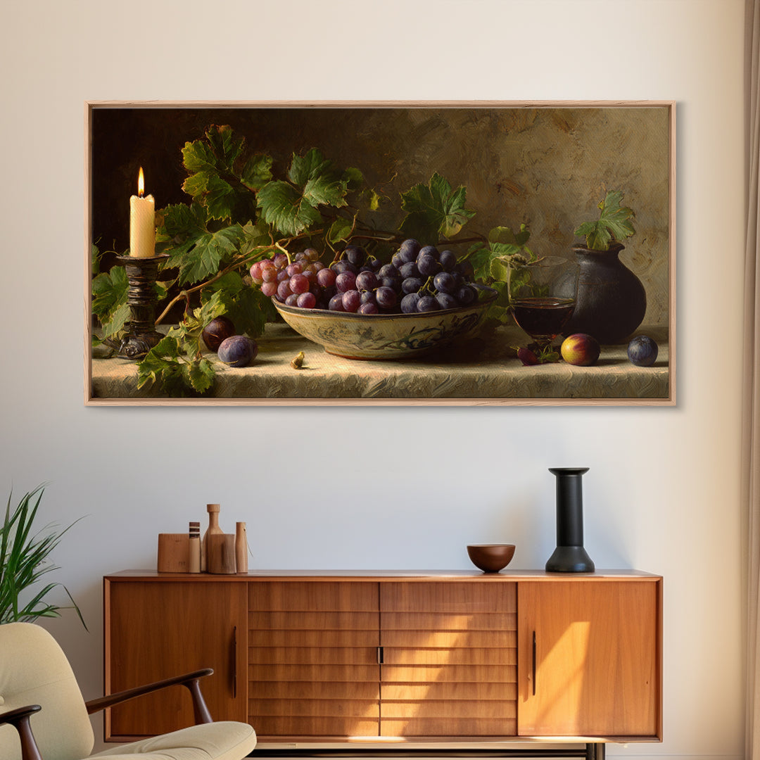 Grapes in a Ceramic Bowl with Shadows Framed Canvas Print, Winery Art, Oil Painting, Winery Decor, Watercolor Art, Vineyard, WIN-2x1-5