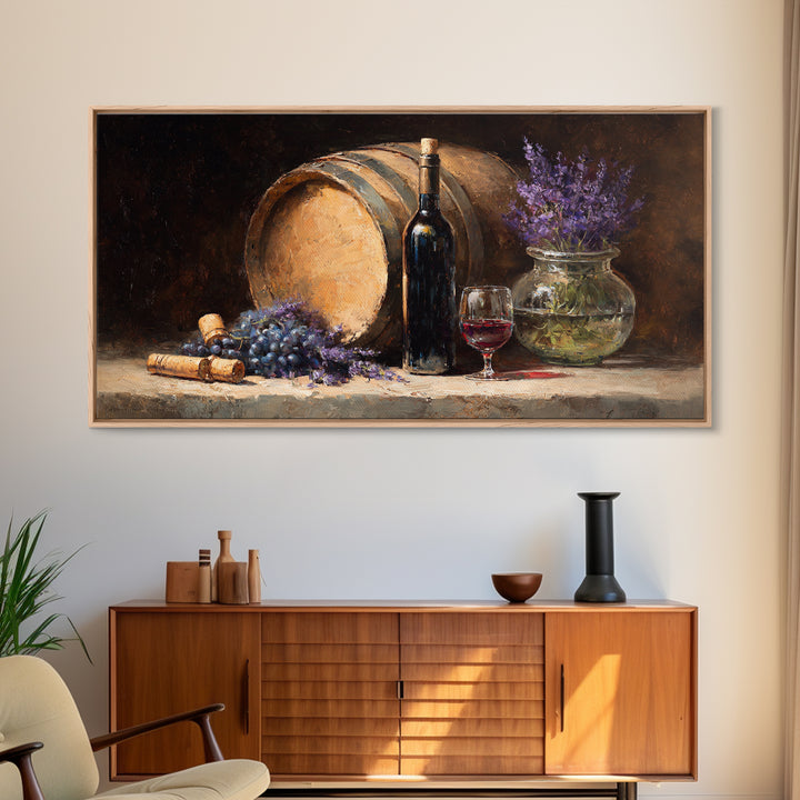 Wine Barrel with Lavender and Sunlight Framed Canvas Print, Winery Art, Wall Decor, Winery Decor, Fine Art, Vineyard, WIN-2x1-50