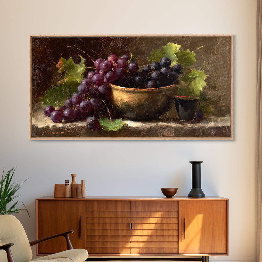 Grapes in a Ceramic Bowl with Shadows Canvas Print, Winery Art, Farmhouse Decor, Winery Decor, Oil Painting, Vineyard, WIN-2x1-53