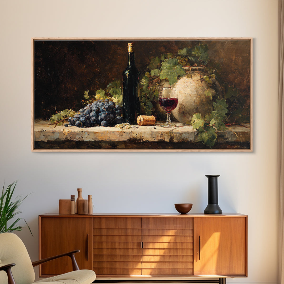 Olive Branch and Wine Glass Mediterranean Still Canvas Print, Winery Art, Oil Painting, Winery Decor, Watercolor Art, Vineyard, WIN-2x1-68
