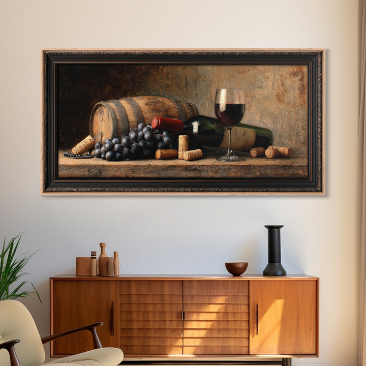 Corkscrew and Corks on Rustic Wood Framed Canvas Print, Winery Art, Wall Hanging, Winery Decor, Vineyard, Preppy Wall Art, WIN-2x1-72