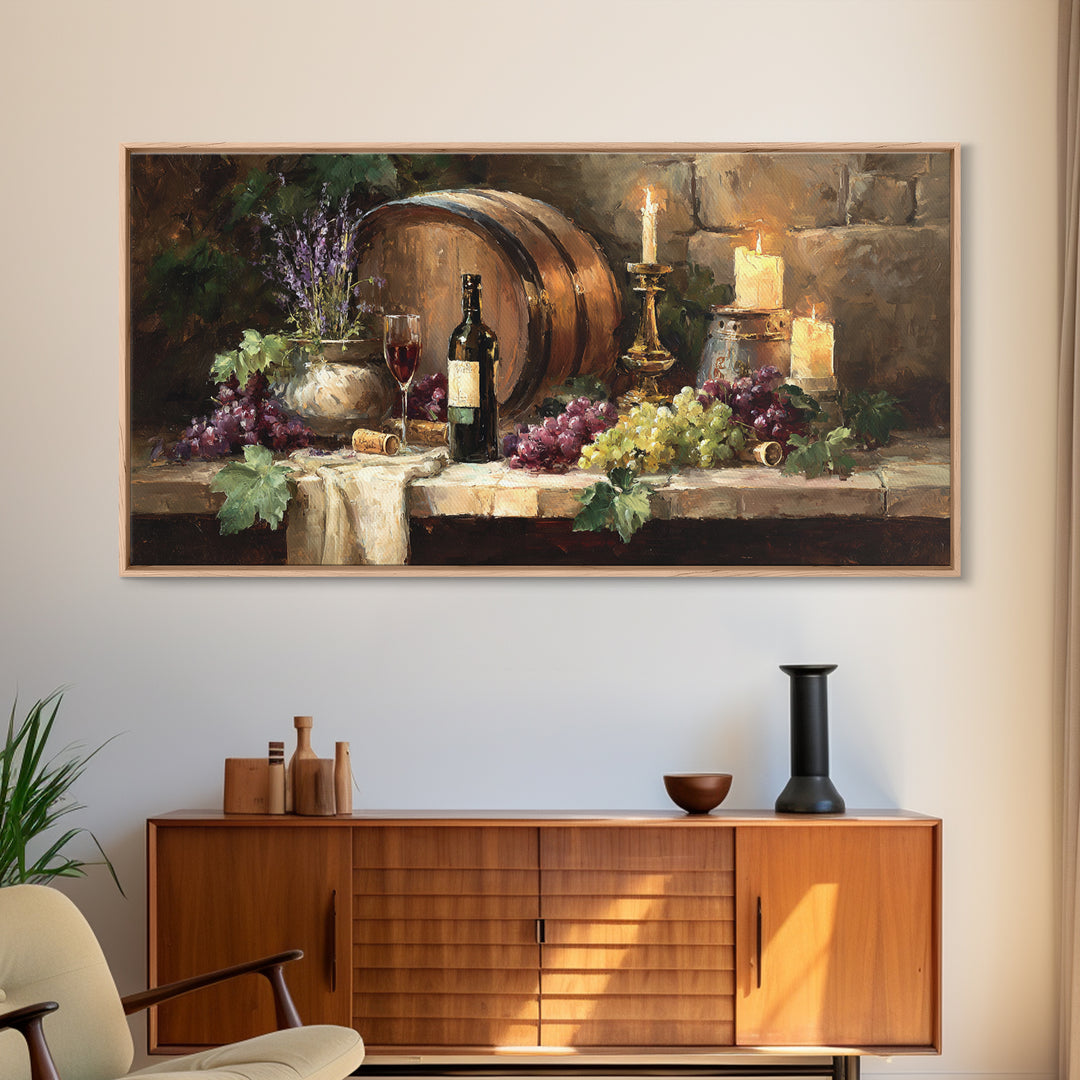 Wine Barrel with Lavender and Sunlight Canvas Print, Winery Art, Oil Painting, Winery Decor, Watercolor Art, Vineyard, WIN-2x1-74