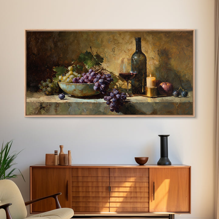 Grapes in a Ceramic Bowl with Shadows Canvas Print, Winery Art, Farmhouse Decor, Winery Decor, Oil Painting, Vineyard, WIN-2x1-77