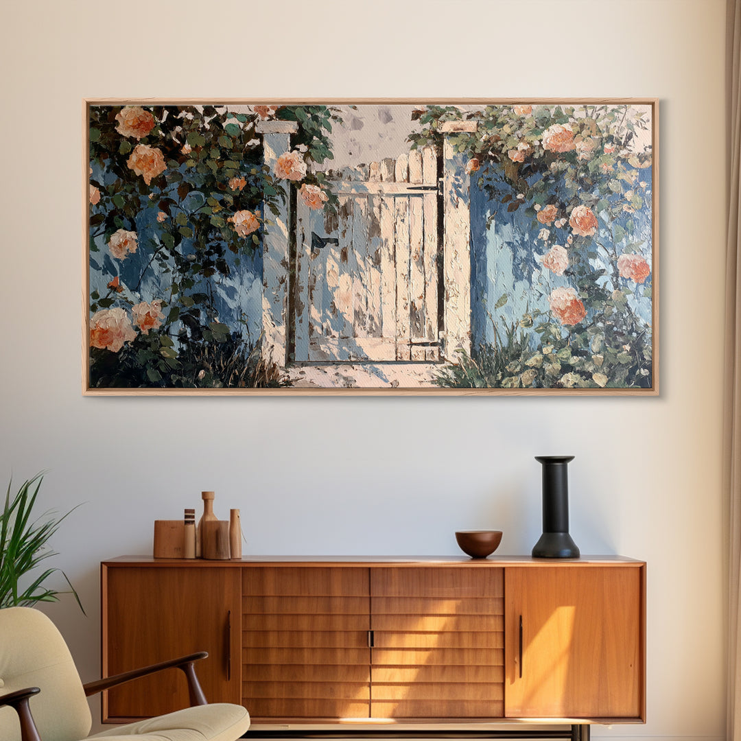 Vineyard Gate with Climbing Roses Framed Canvas Print, Winery Art, Wall Decor, Winery Decor, Fine Art, Vineyard, Kitchen Art, WIN-2x1-83