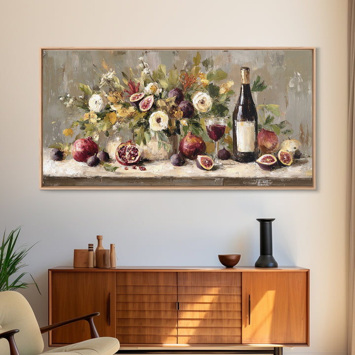 Pomegranate Figs and Red Wine Composition Framed Canvas Print, Winery Art, Living Room Decor, Winery Decor, Fine Art, Vineyard, WIN-2x1-85