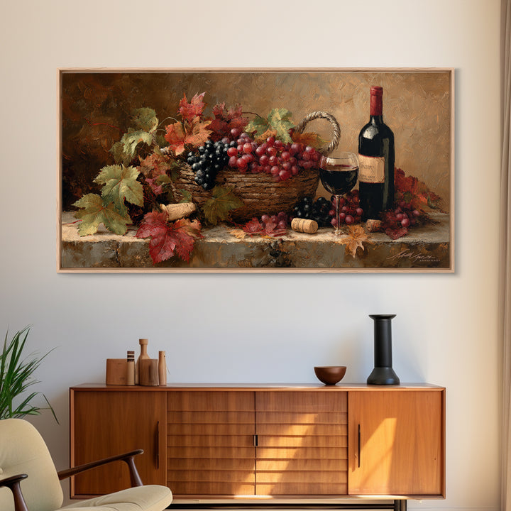 Wine Harvest Basket Framed Canvas Print, Winery Art, Art Print, Winery Decor, Oil Painting, Vineyard, Watercolor Painting, WIN-2x1-90