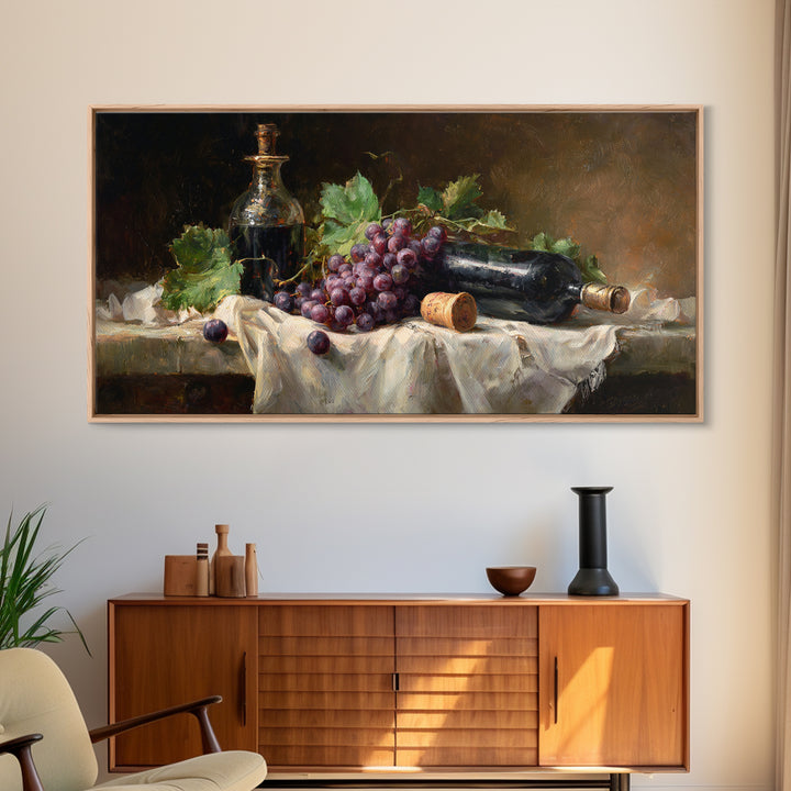 Champagne Grapes and White Linen Still Life Framed Canvas Print, Winery Art, Watercolor Painting, Winery Decor, Abstract Art, WIN-2x1-97