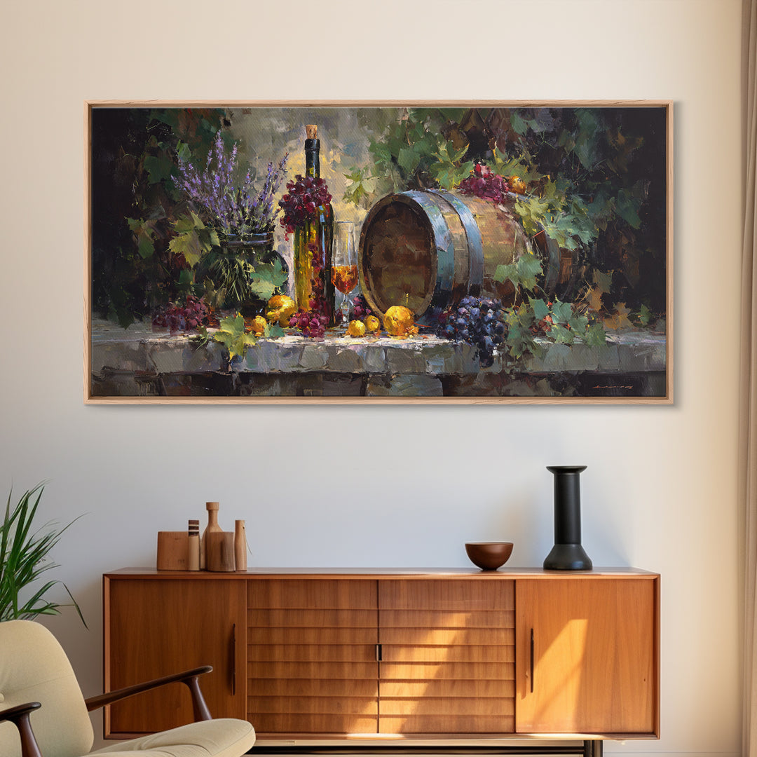 Wine Barrel with Lavender and Sunlight Canvas Print, Winery Art, Oil Painting, Winery Decor, Watercolor Art, Vineyard, WIN-2x1-98
