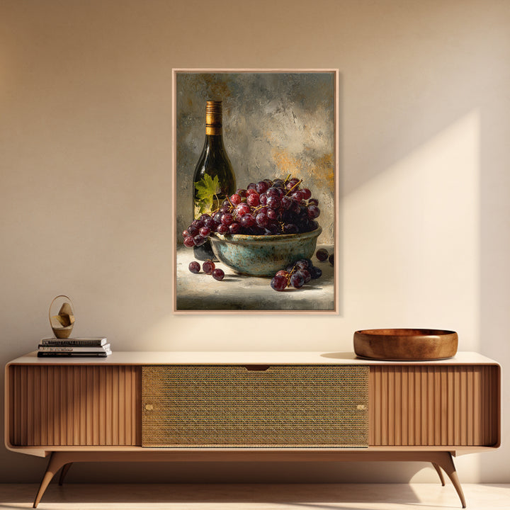 Grapes in a Ceramic Bowl with Shadows Framed Canvas Print, Winery Art, Kitchen Decor, Winery Decor, Abstract Art, Vineyard, WIN-2x3-17