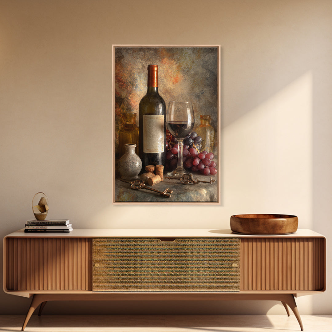 Old Cellar Key and Wine Label Shapes Framed Canvas Print, Winery Art, Farmhouse Decor, Winery Decor, Abstract Art, Vineyard, WIN-2x3-20