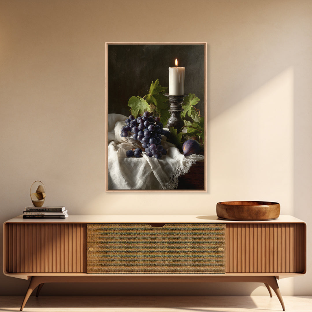 Champagne Grapes and White Linen Still Life Framed Canvas Print, Winery Art, Artwork, Winery Decor, Abstract Art, Vineyard, WIN-2x3-37
