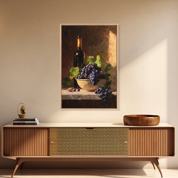 Grapes in a Ceramic Bowl with Shadows Framed Canvas Print, Winery Art, Kitchen Decor, Winery Decor, Abstract Art, Vineyard, WIN-2x3-41