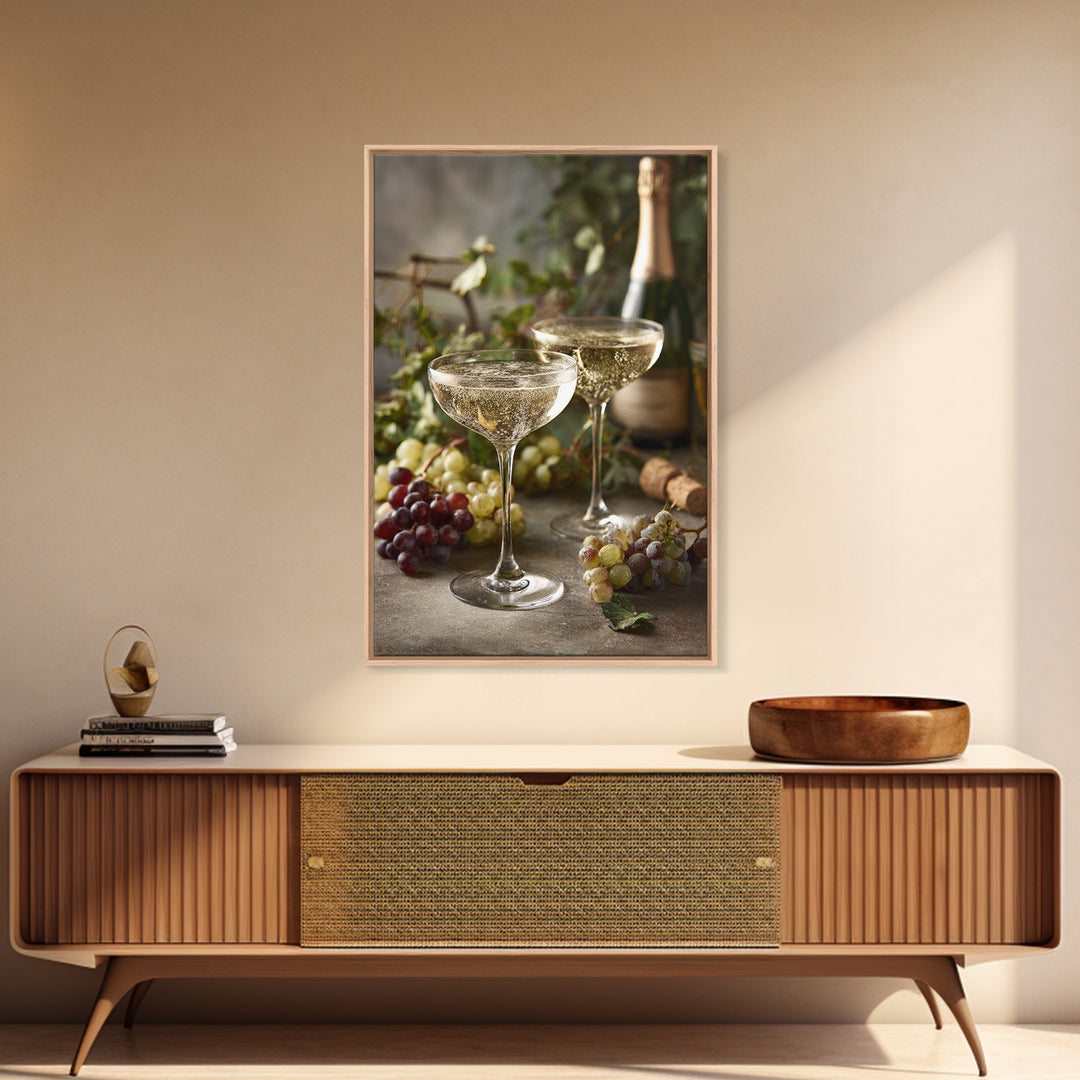 Champagne Coupe with Bubbles and Light Framed Canvas Print, Winery Art, Art Print, Winery Decor, Oil Painting, Vineyard, WIN-2x3-51