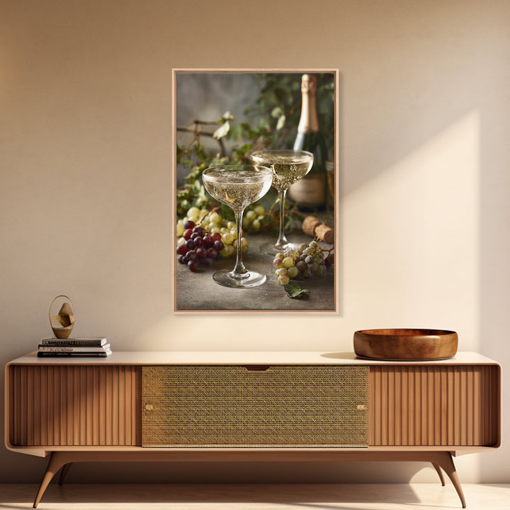 Champagne Coupe with Bubbles and Light Framed Canvas Print, Winery Art, Art Print, Winery Decor, Oil Painting, Vineyard, WIN-2x3-51