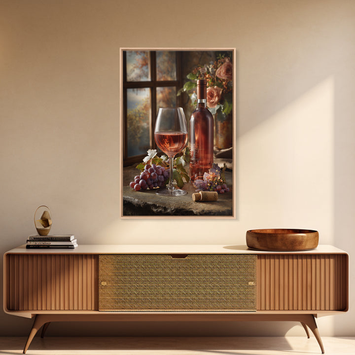 Ros Glass Beside Summer Flowers Canvas Print, Winery Art, Winery Decor, Oil Painting, Vineyard, Retro Wall Art, WIN-2x3-70