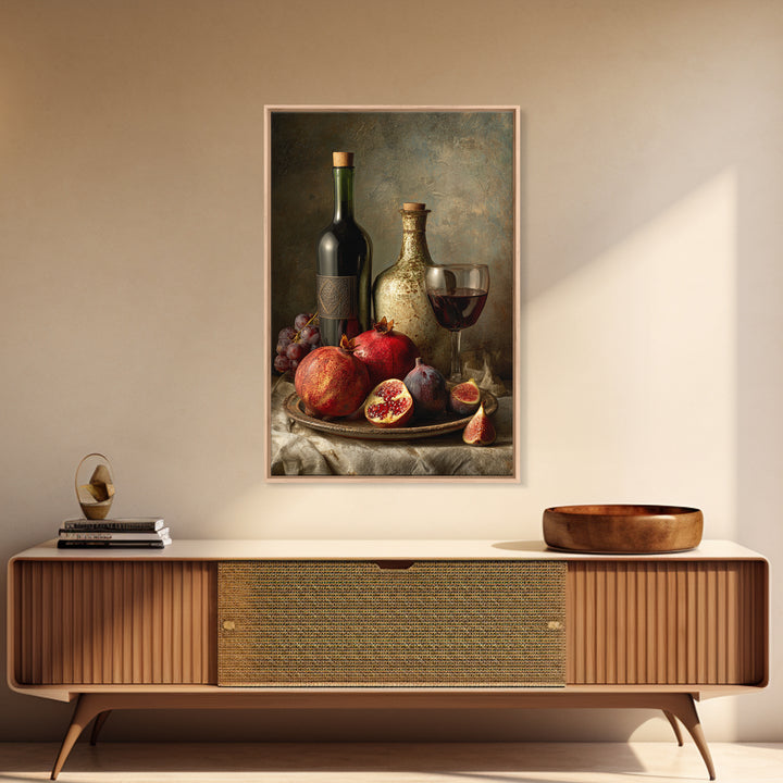 Pomegranate Figs and Red Wine Composition Framed Canvas Print, Winery Art, Watercolor Painting, Winery Decor, Vineyard, WIN-2x3-73