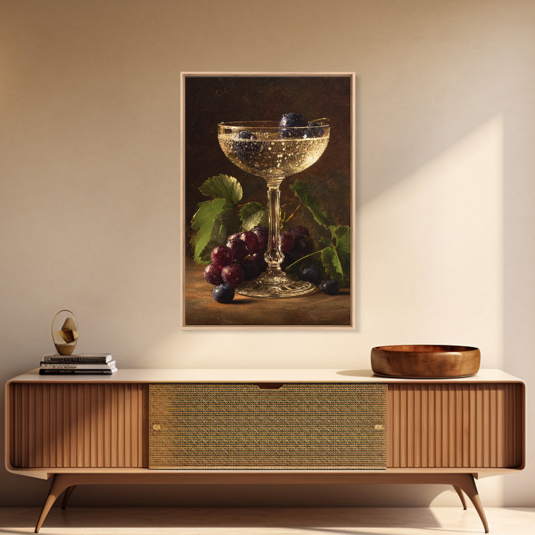 Champagne Coupe with Bubbles and Light Framed Canvas Print, Winery Art, Wall Art Print, Winery Decor, Fine Art, Vineyard, WIN-2x3-75