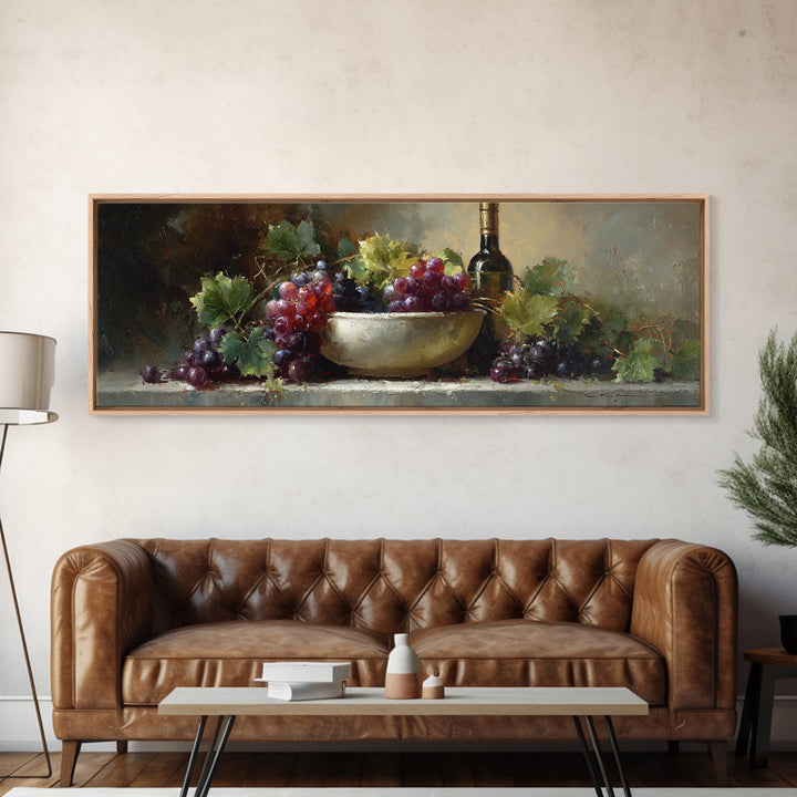 Grapes in a Ceramic Bowl with Shadows Framed Canvas Print, Winery Art, Retro Wall Art, Winery Decor, Fine Art, Vineyard, WIN-3x1-1