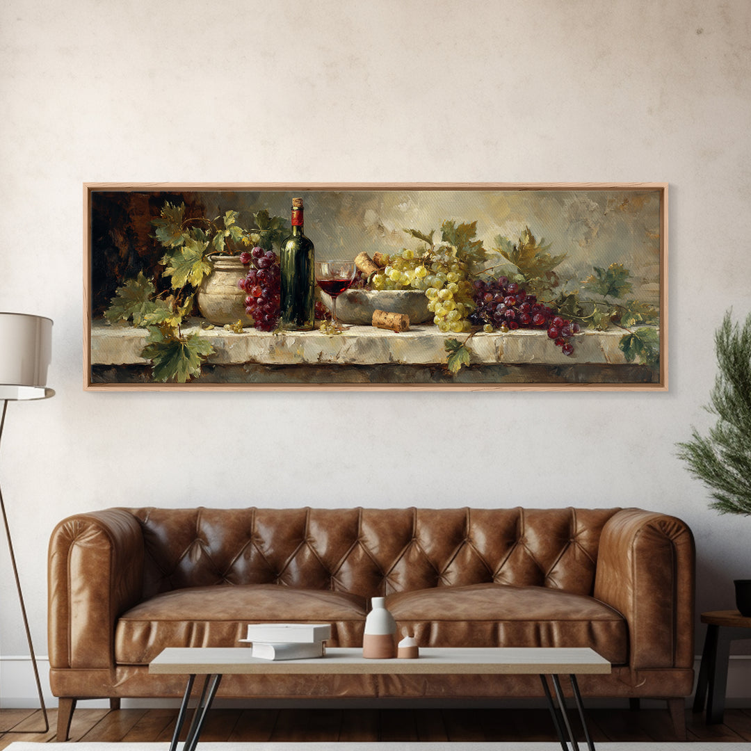 Olive Branch and Wine Glass Mediterranean Still Canvas Print, Winery Art, Retro Wall Art, Winery Decor, Fine Art, Vineyard, WIN-3x1-16