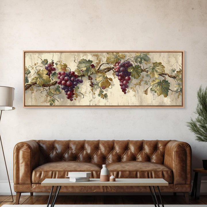 Grapevine Branch with Purple Grapes and Leaves Framed Canvas Print, Winery Art, Gallery Wall Art, Winery Decor, Watercolor Art, WIN-3x1-17