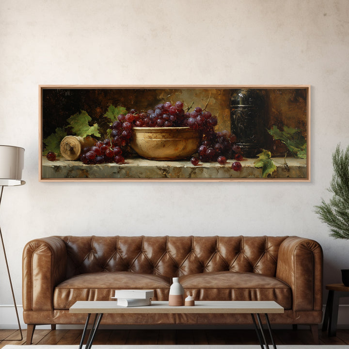 Grapes in a Ceramic Bowl with Shadows Canvas Print, Winery Art, Landscape Art, Winery Decor, Abstract Art, Vineyard, Room Decor, WIN-3x1-25