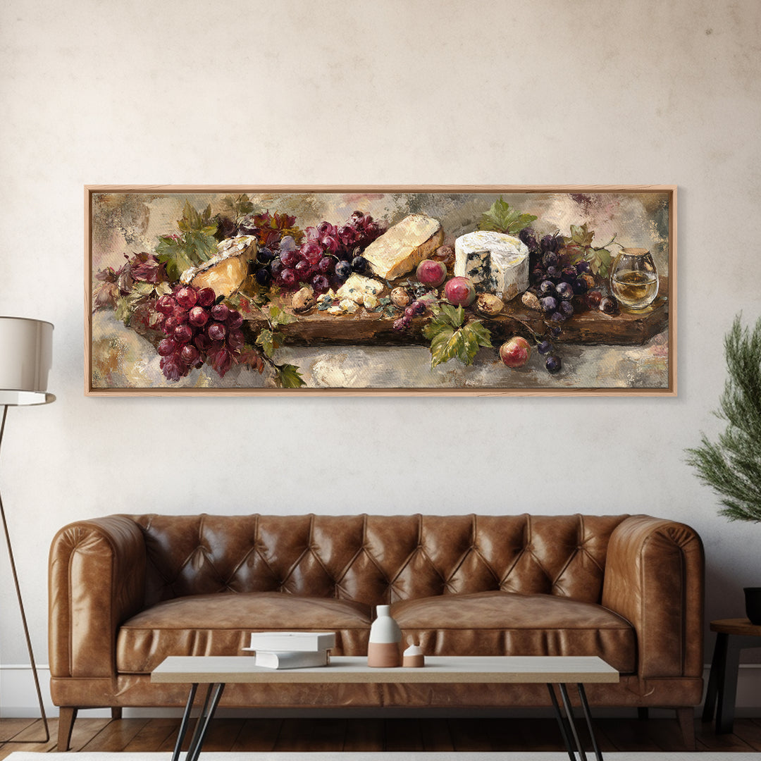 Charcuterie Board with Grapes and Cheese Canvas Print, Winery Art, Kitchen Wall Decor, Winery Decor, Oil Painting, Vineyard, WIN-3x1-29