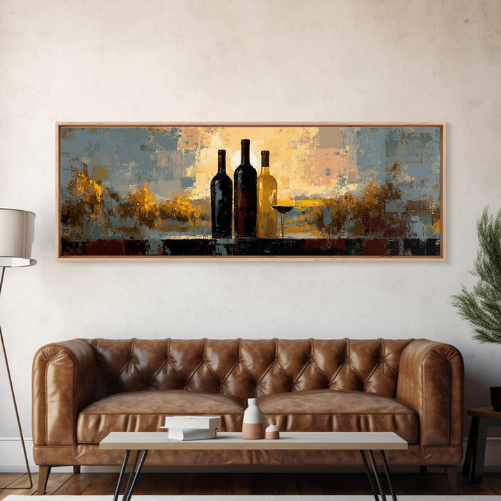 Black and Gold Wine Bottle Silhouette Framed Canvas Print, Winery Art, Cocktail Wall Art, Winery Decor, Watercolor Art, WIN-3x1-32