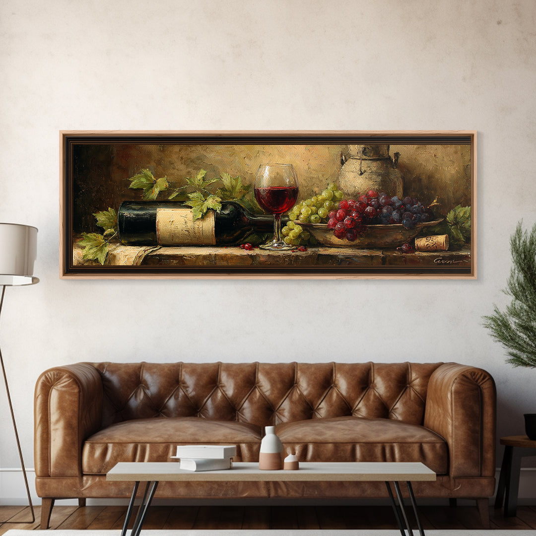 Olive Branch and Wine Glass Mediterranean Still Canvas Print, Winery Art, Neutral Decor, Winery Decor, Oil Painting, Vineyard, WIN-3x1-40
