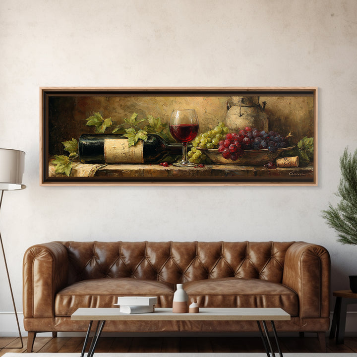 Olive Branch and Wine Glass Mediterranean Still Canvas Print, Winery Art, Neutral Decor, Winery Decor, Oil Painting, Vineyard, WIN-3x1-40