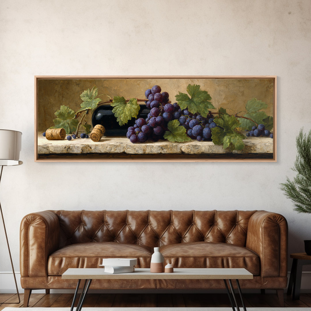 Grapevine Branch with Purple Grapes and Leaves Canvas Print, Winery Art, Cocktail Wall Art, Winery Decor, Fine Art, Vineyard, WIN-3x1-41