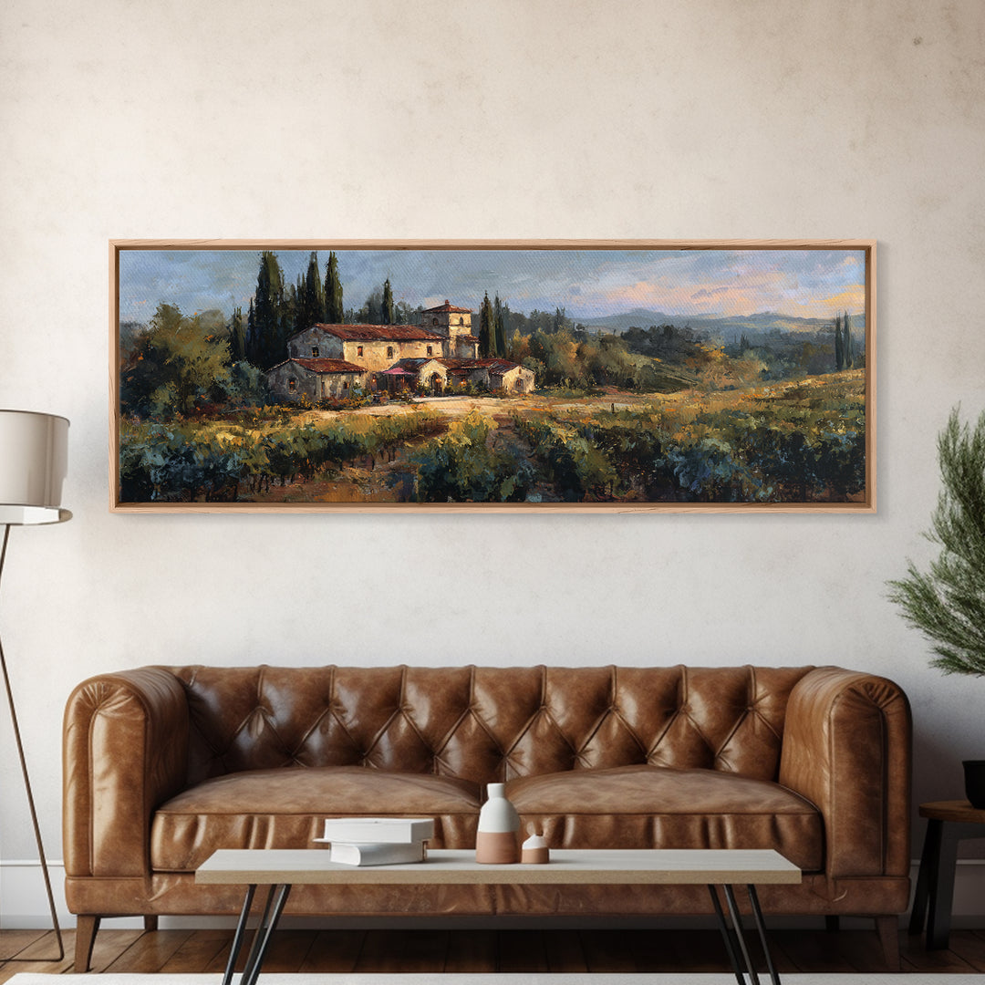 Tuscan Vineyard at Golden Hour Canvas Print, Winery Art, Print, Winery Decor, Vineyard, Wall Art Print, Watercolor Painting, WIN-3x1-43
