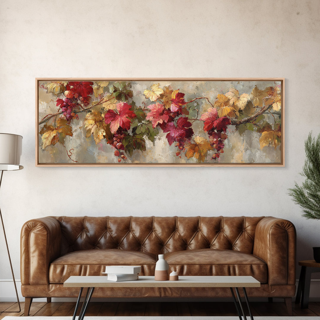 Vine Leaves Turning Autumn Red and Gold Framed Canvas Print, Winery Art, Printable Wall Art, Winery Decor, Fine Art, Vineyard, WIN-3x1-51