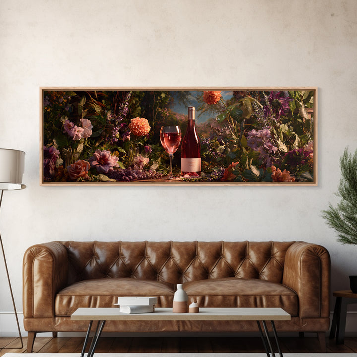 Ros Glass Beside Summer Flowers Canvas Print, Winery Art, Living Room Art, Winery Decor, Watercolor Art, Vineyard, WIN-3x1-54
