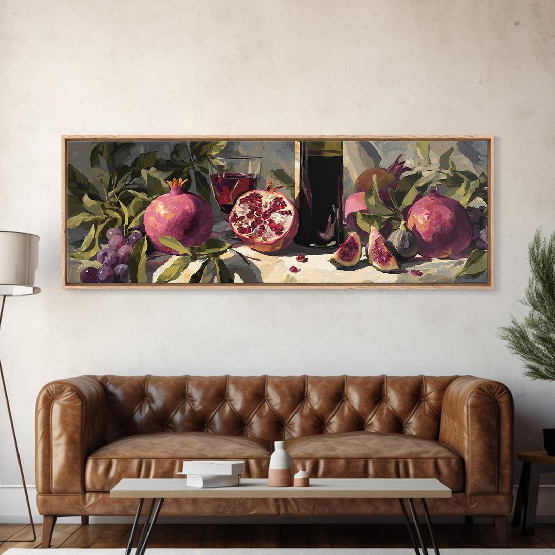 Pomegranate Figs and Red Wine Composition Framed Canvas Print, Winery Art, Living Room Art, Winery Decor, Fine Art, Vineyard, WIN-3x1-57
