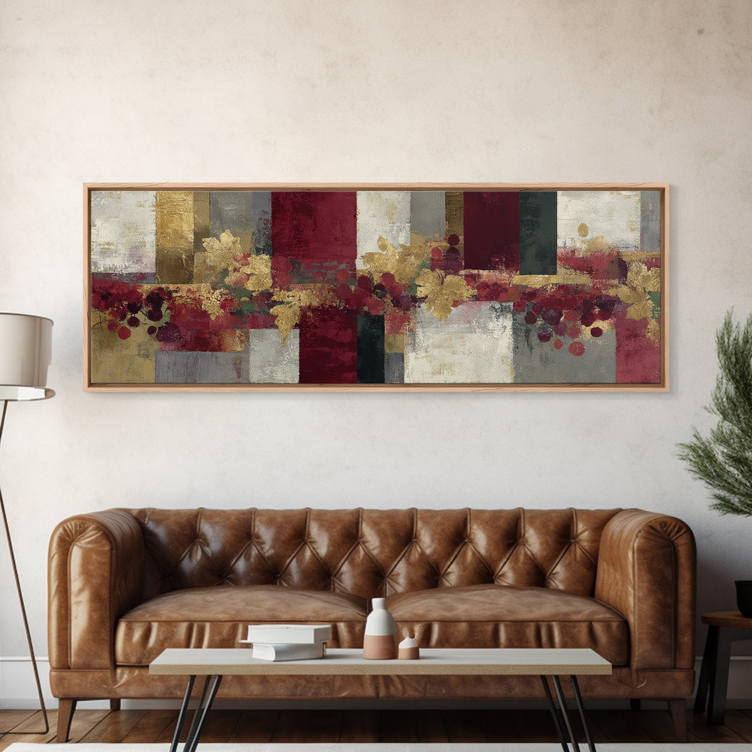 Burgundy Abstract with Gold Accents Framed Canvas Print, Winery Art, Contemporary Art, Winery Decor, Abstract Art, Vineyard, WIN-3x1-63