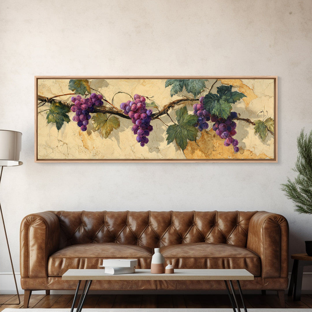 Grapevine Branch with Purple Grapes and Leaves Canvas Print, Winery Art, Cocktail Wall Art, Winery Decor, Fine Art, Vineyard, WIN-3x1-65