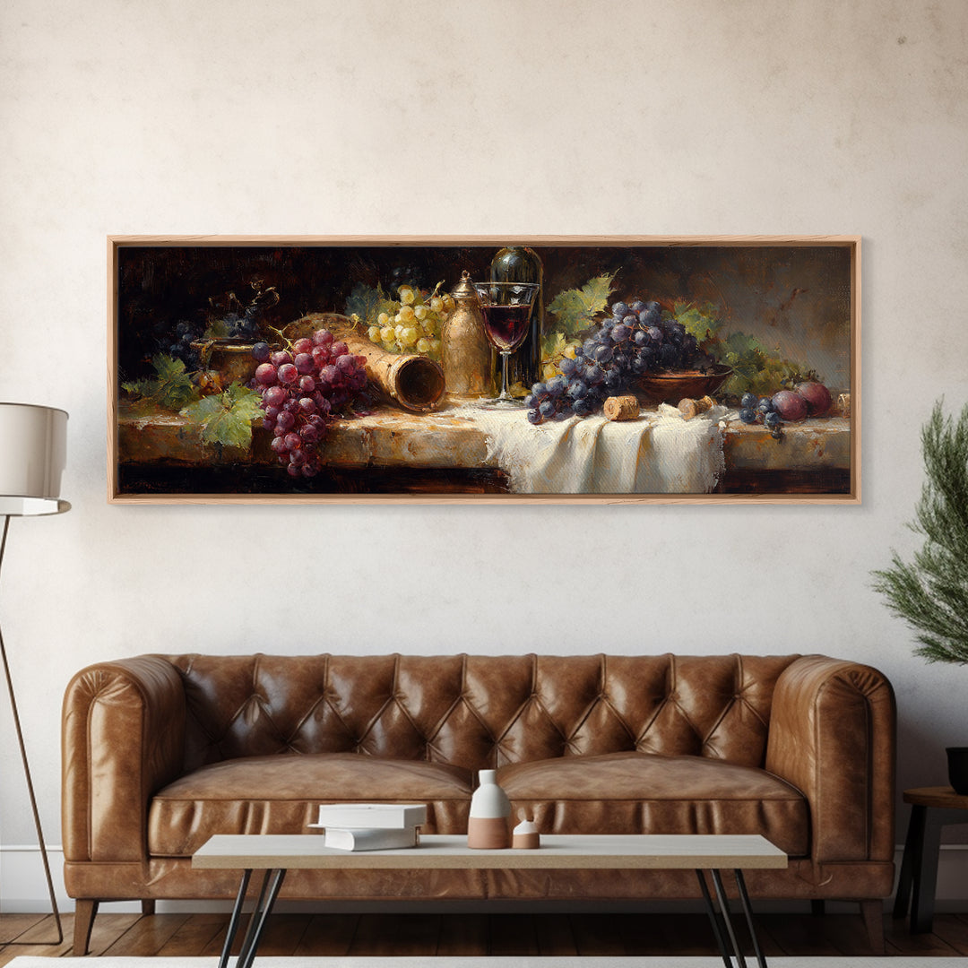 Champagne Grapes and White Linen Still Life Framed Canvas Print, Winery Art, Gallery Decor, Winery Decor, Fine Art, Vineyard, WIN-3x1-69
