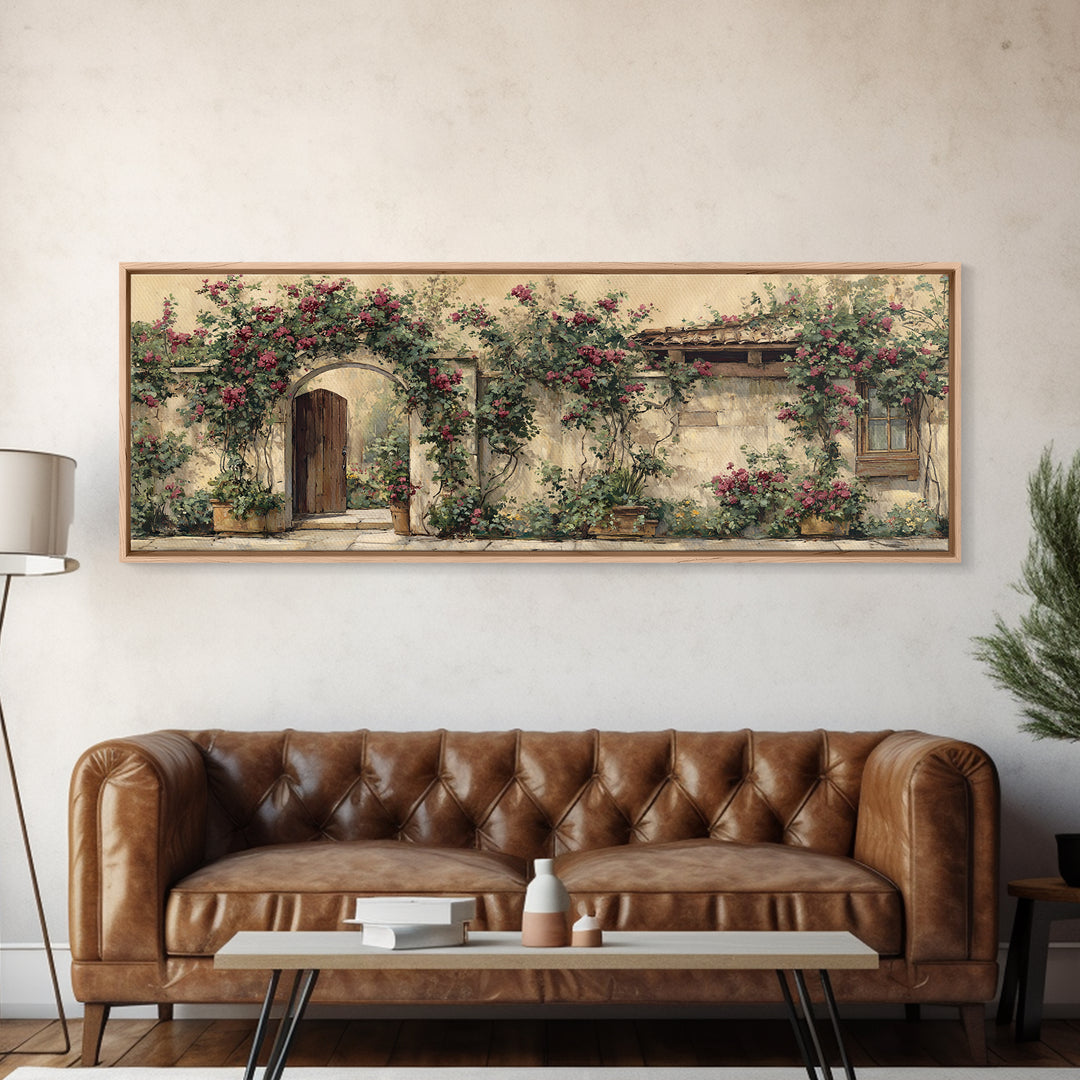 Vineyard Gate with Climbing Roses Framed Canvas Print, Winery Art, Statement Artwork, Winery Decor, Fine Art, Vineyard, WIN-3x1-7
