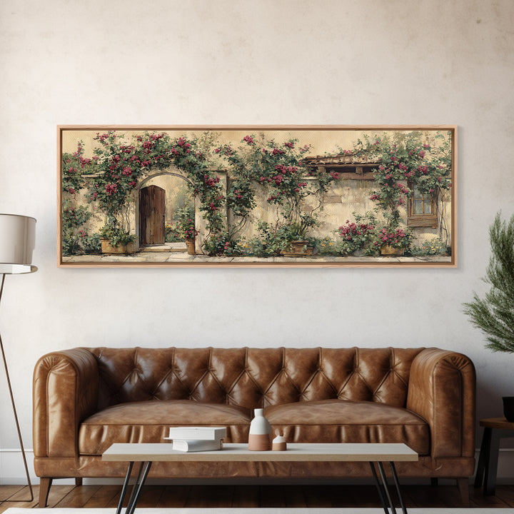 Vineyard Gate with Climbing Roses Framed Canvas Print, Winery Art, Statement Artwork, Winery Decor, Fine Art, Vineyard, WIN-3x1-7