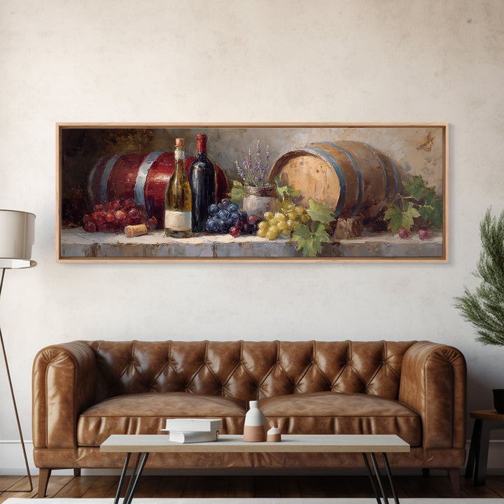 Wine Barrel with Lavender and Sunlight Canvas Print, Winery Art, Wall Art, Winery Decor, Oil Painting, Vineyard, WIN-3x1-70