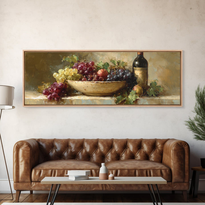 Grapes in a Ceramic Bowl with Shadows Framed Canvas Print, Winery Art, Neutral Decor, Winery Decor, Fine Art, Vineyard, WIN-3x1-73
