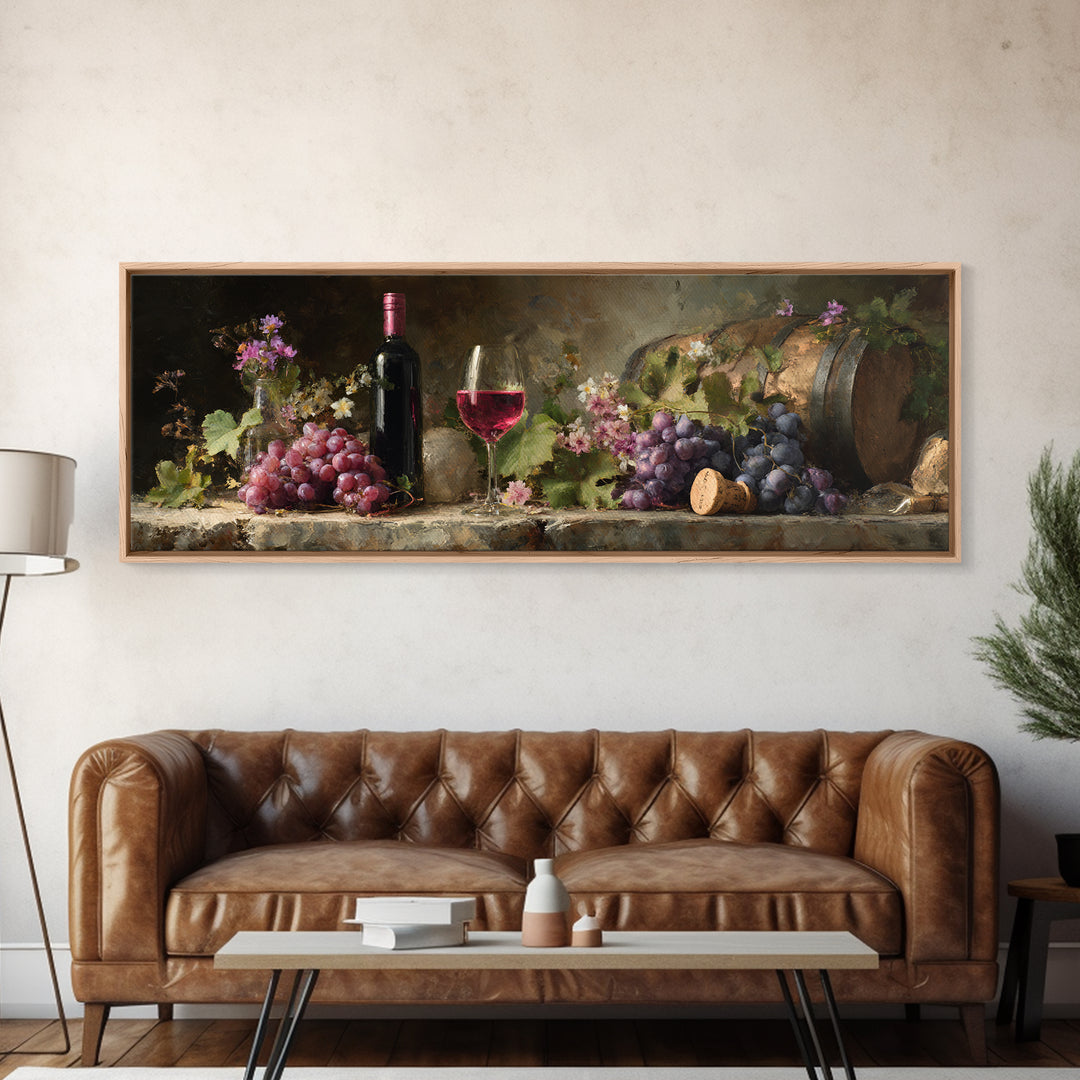 Ros Glass Beside Summer Flowers Canvas Print, Winery Art, Winery Decor, Oil Painting, Vineyard, Retro Wall Art, WIN-3x1-78