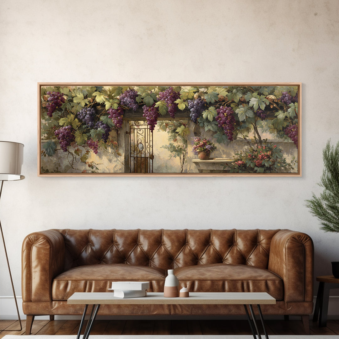 Vineyard Gate with Climbing Roses Framed Canvas Print, Winery Art, Farmhouse Decor, Winery Decor, Oil Painting, Vineyard, WIN-3x1-79