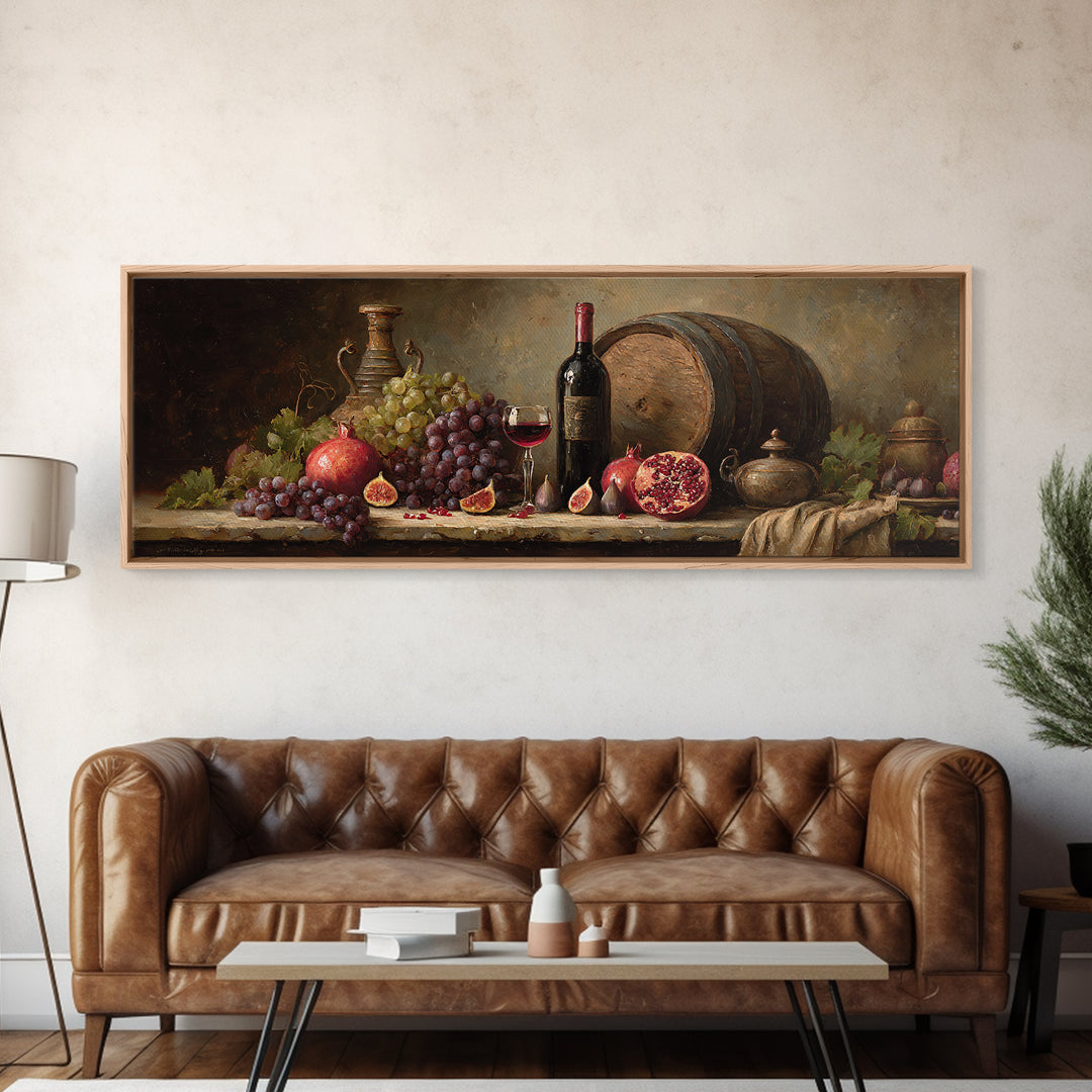 Pomegranate Figs and Red Wine Composition Framed Canvas Print, Winery Art, Living Room Art, Winery Decor, Fine Art, Vineyard, WIN-3x1-81