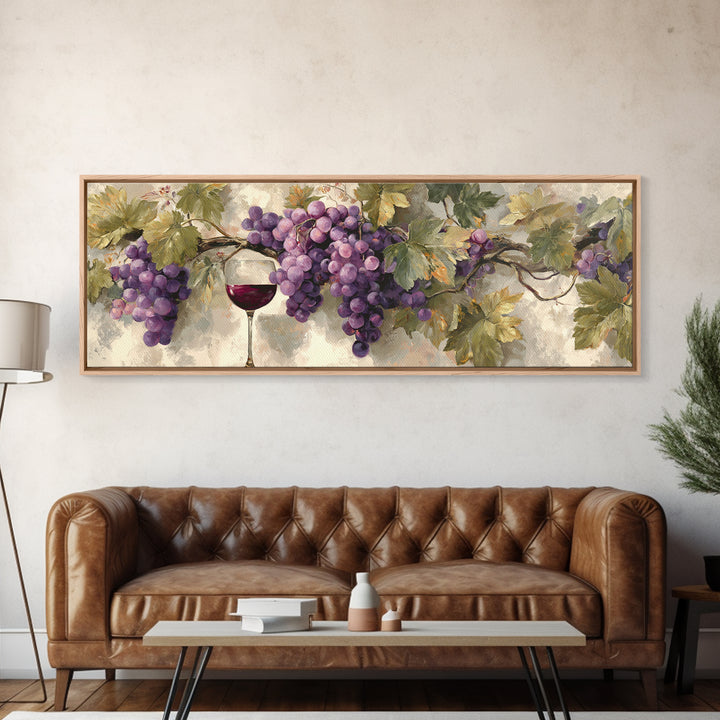 Grapevine Branch with Purple Grapes and Leaves Framed Canvas Print, Winery Art, Boho Decor, Winery Decor, Fine Art, Vineyard, WIN-3x1-89