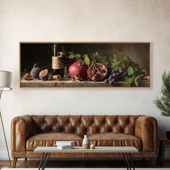 Pomegranate Figs and Red Wine Composition Framed Canvas Print, Winery Art, Living Room Decor, Winery Decor, Fine Art, Vineyard, WIN-3x1-9