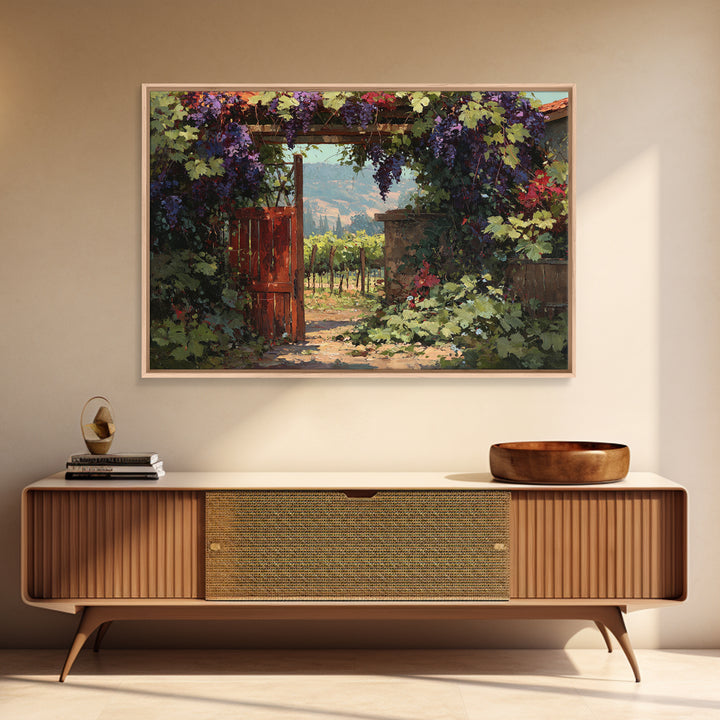 Vineyard Gate with Climbing Roses Framed Canvas Print, Winery Art, Statement Artwork, Winery Decor, Fine Art, Vineyard, WIN-3x2-19