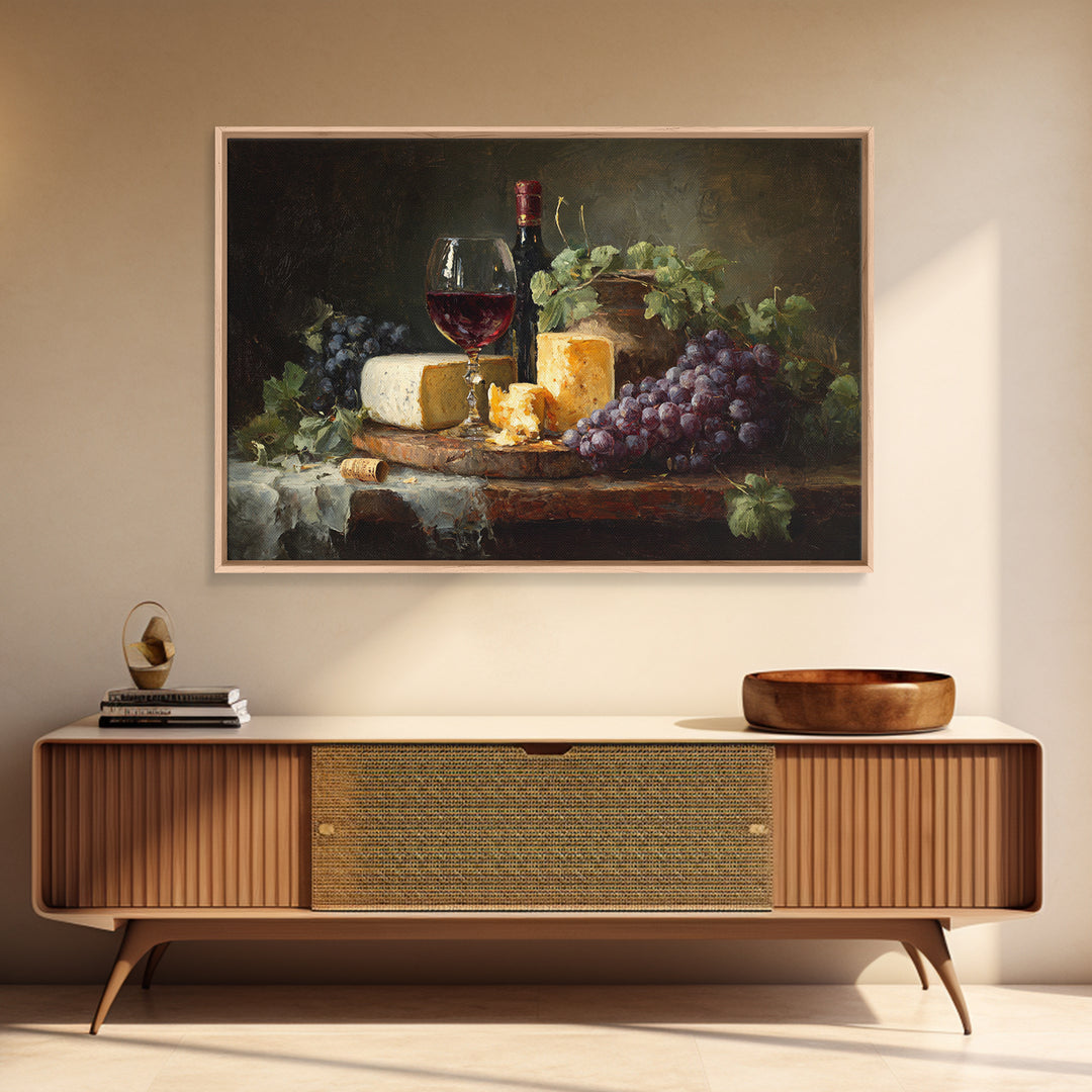 Charcuterie Board with Grapes and Cheese Framed Canvas Print, Winery Art, Cocktail Wall Art, Winery Decor, Watercolor Art, WIN-3x2-41
