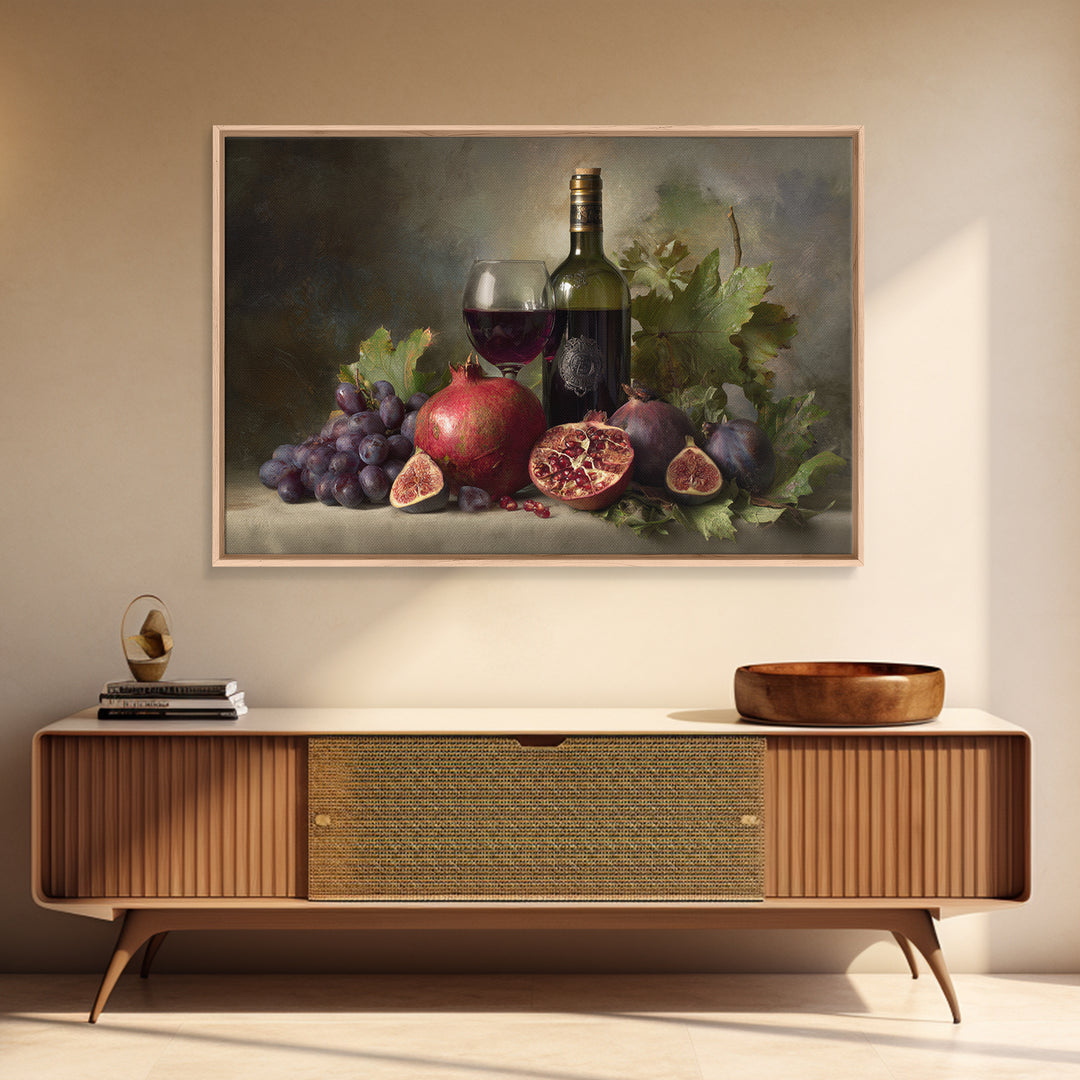 Pomegranate Figs and Red Wine Composition Framed Canvas Print, Winery Art, Gallery Decor, Winery Decor, Fine Art, Vineyard, WIN-3x2-45