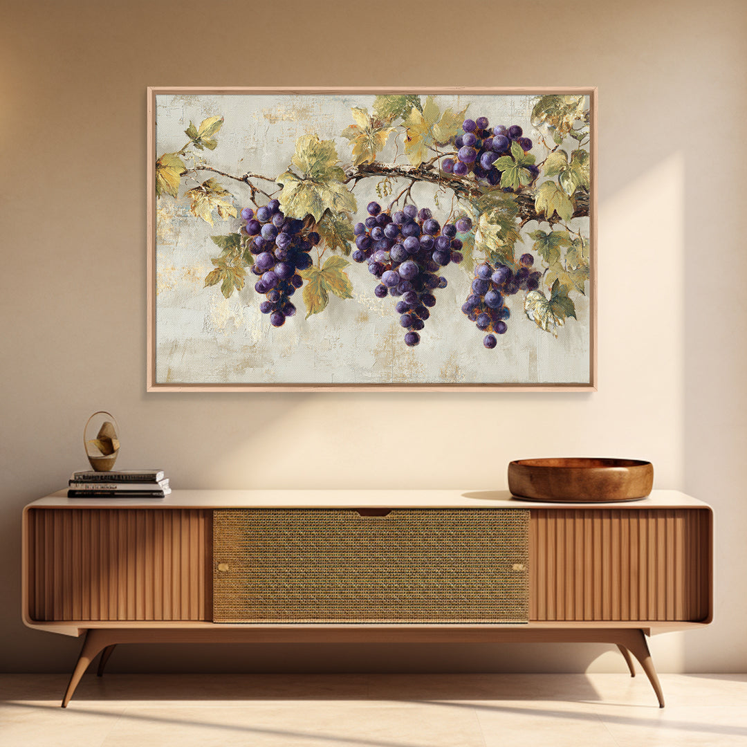 Grapevine Branch with Purple Grapes and Leaves Framed Canvas Print, Winery Art, Bar Art, Winery Decor, Oil Painting, Vineyard, WIN-3x2-5